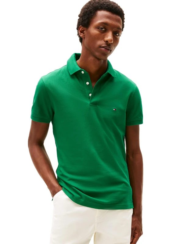 Tommy Hilfiger Men's Short Sleeve Polo Shirts in Slim Fit with Stretch and Organic Pique Cotton, Nouveau Green, XL