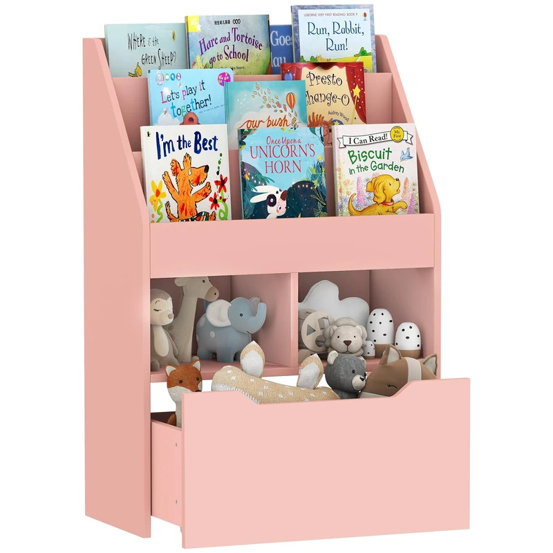 HOMCOM Kids Bookshelf with Storage Drawer, Children's Bookcase with Wheels, Toy Organiser for Bedroom, Playroom - Pink