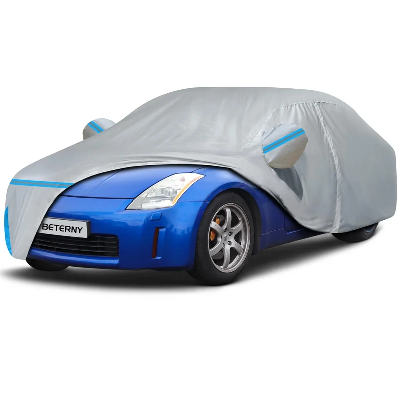 BETERNY Car Cover for 2003-2009 Nissan 350Z, Waterproof Custom-fit All Weather Sun Rain UV Snow Dust Protection Windproof Outdoor 350Z Full Car Cover with Door Zipper & Cotton Lining-Gray