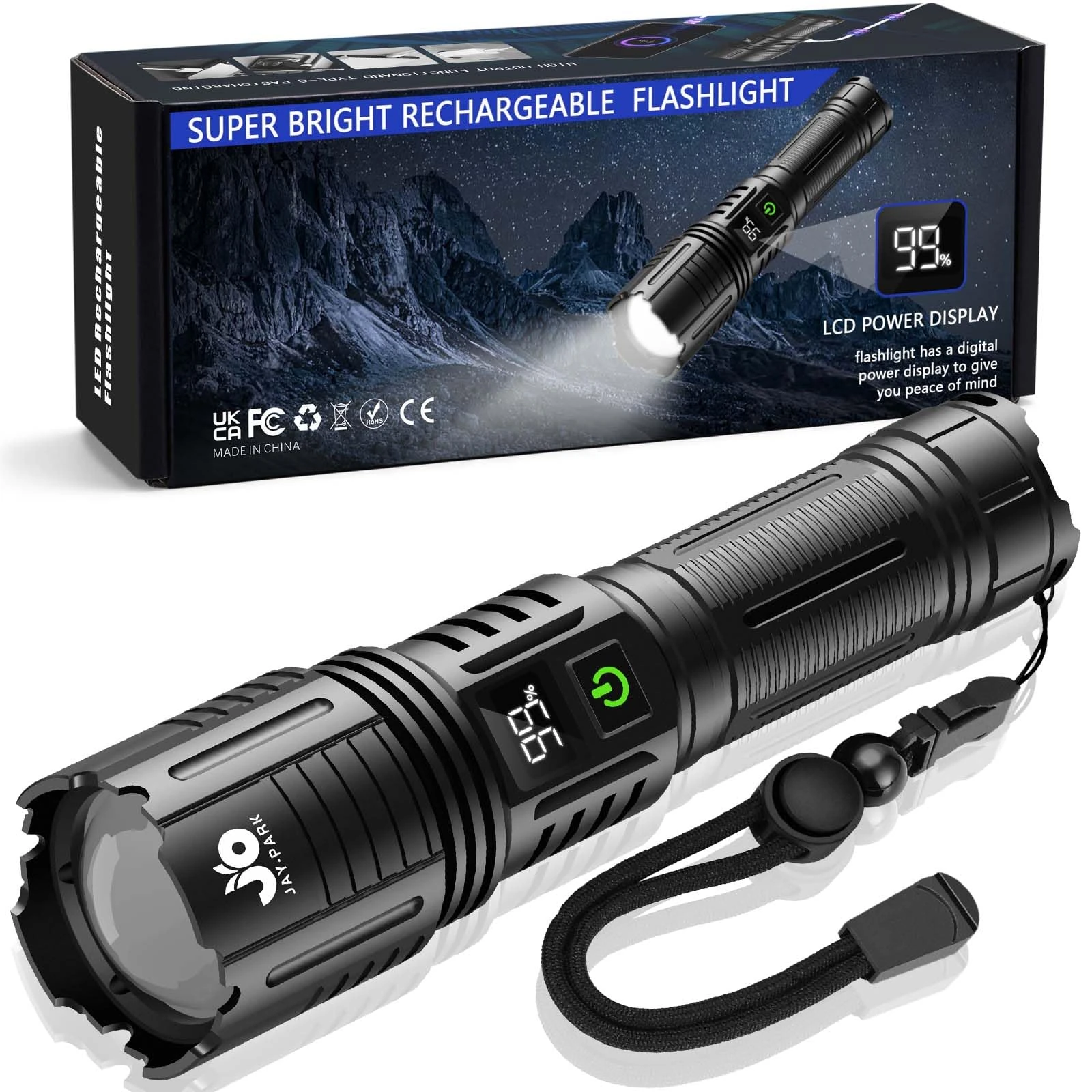 JAY-PARK 500000 Lumens Torches LED Super Bright Rechargeable, 5000mAh Long Lasting Powerful Torch with LED Power Display, Tactical Torch 5 Modes Zoomable, IP67 Waterproof, for Camping, Emergency