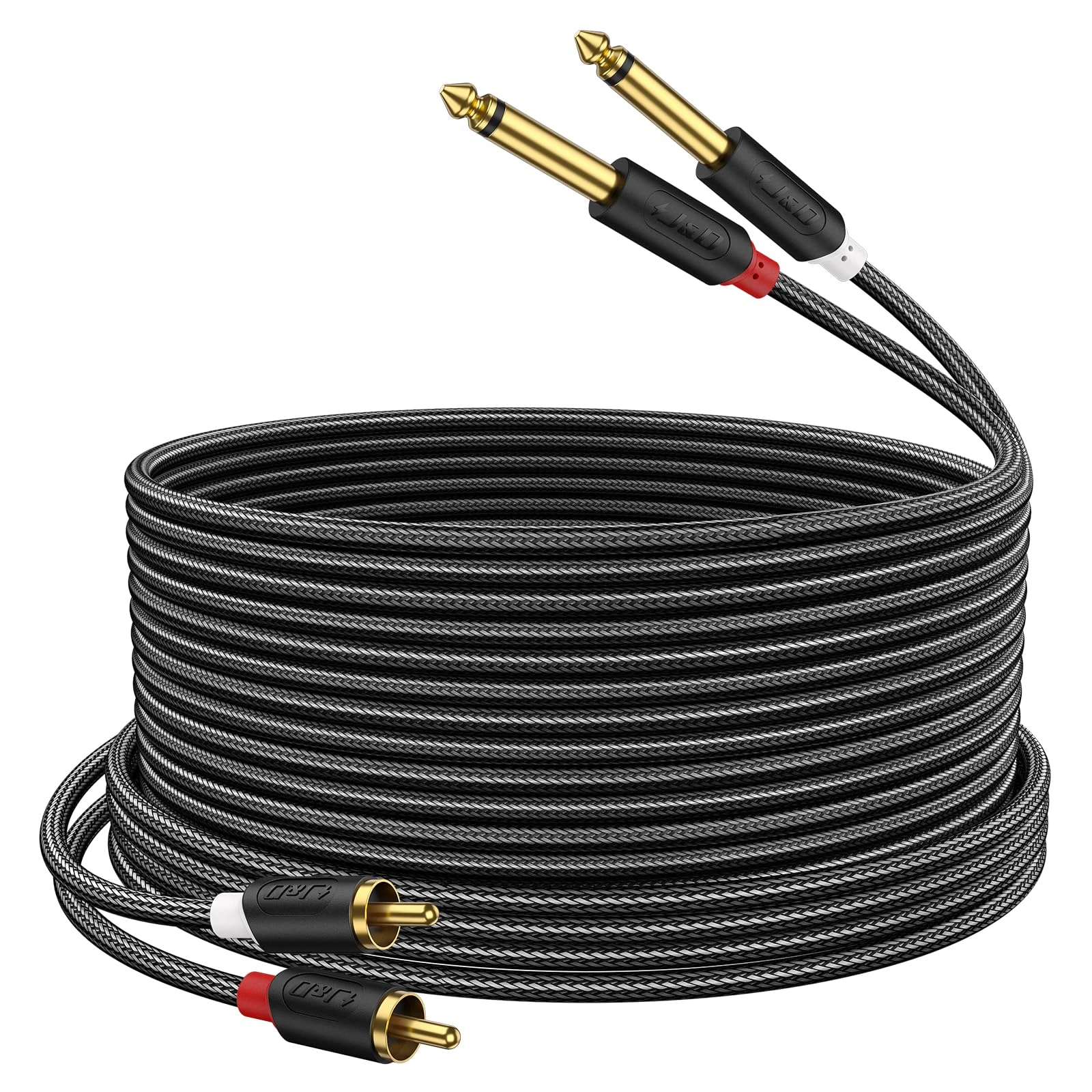 J&D Gold Plated Dual 1/4" TS to RCA Cable - Stereo Audio Interconnect with Nylon Braid for Mixer, Amplifier, 6 Meter