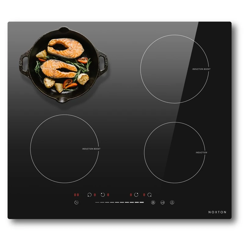 NOXTON Induction Hob 60 cm Installation with Booster, Autonomous Induction Hob, 4 Plates with Slider, Timer, Child Lock, Automatic Shut-Off, 220-240V, 7200W, No Plug