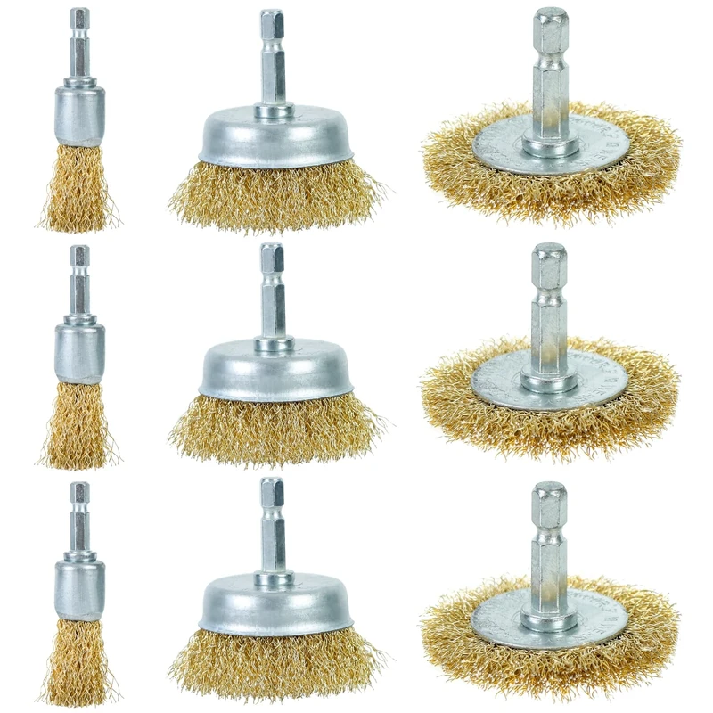 Ucatcher 9-Piece Wire Brush Set for Drill - 1/4" Hex Shank High Carbon Steel Wheel Cup Pen Attachments for Rust Removal, Cleaning Metal, Paint, Wood