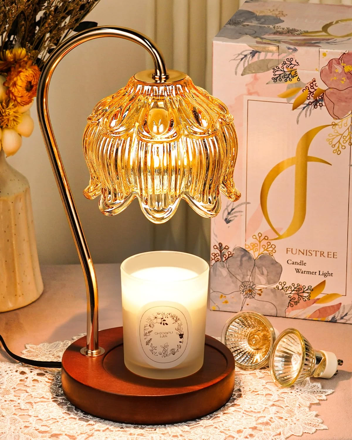 Funistree Dimmable Candle Warmer Lamp for Christmas, Secret Santa Gifts for Women Mum Friends, Advent Calendar Xmas Presents for Her Sister Grandma, Vintage Amber Lamp Candle Warmer for Jar Candles