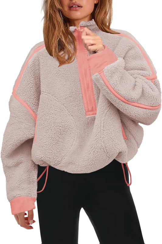 Panadila Womens Half Zip Sherpa Fleece Pullover Soft Oversized Sweatshirt with Pockets Warm Fuzzy Sweater, Khaki Pink Combo, XL