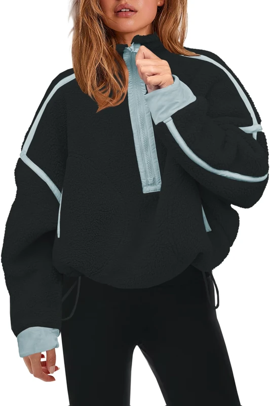 Panadila Womens Half Zip Sherpa Fleece Pullover Soft Oversized Sweatshirt with Pockets Warm Fuzzy Sweater, Black Combo, S