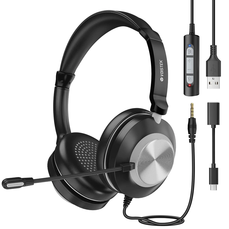 Voistek USB Headset with Microphone for Laptop PC,Wired On Ear Computer Headphones with Noise Cancelling Mic & In-line Controls for Office, Call Center, Online Classes, Teams, Zoom, Skype