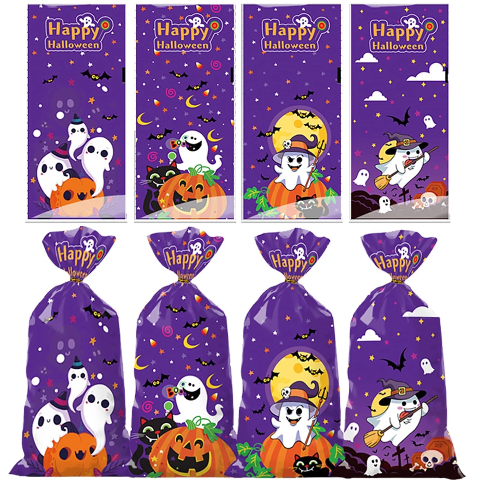 50Pcs Halloween Treat Bags for Party, Trick or Treat, Sweets, Snacks, Cookies, Popcorn - Cellophane Gift Bags With Twist Ties for Kids