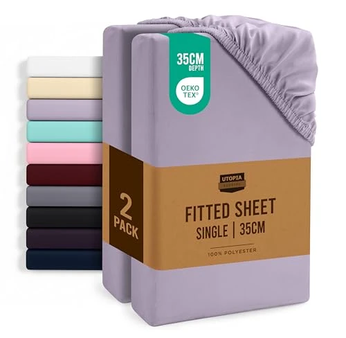 Utopia Bedding Fitted Sheet Single (2 Pack), Lavender - Deep Pocket 14 inch (35 cm) - Oeko Tex Certified - Easy Care - Soft Brushed Microfibre Fabric - Shrinkage and Fade Resistant - Bottom Sheet