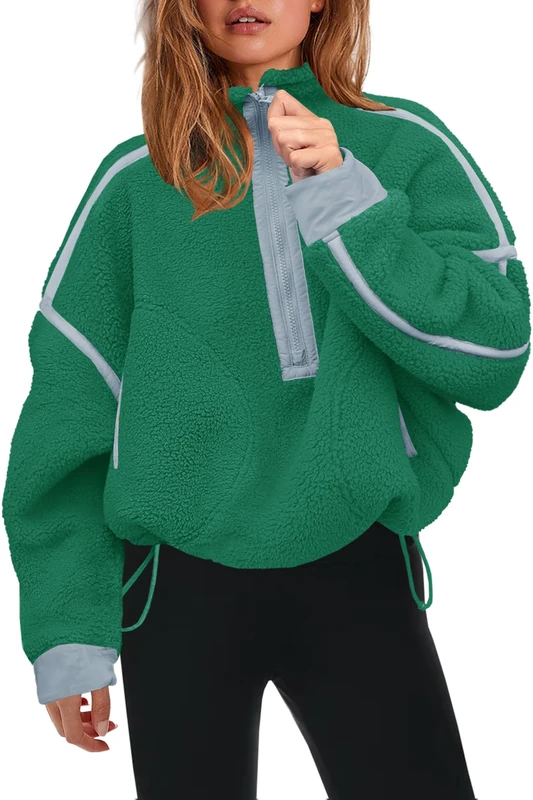 Panadila Womens Half Zip Sherpa Fleece Pullover Soft Oversized Sweatshirt with Pockets Warm Fuzzy Sweater, Green Combo, S
