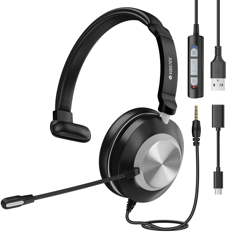 Voistek USB Headset with Microphone for Laptop PC,Wired On Ear Computer Headphones with Noise Cancelling Mic & In-line Controls for Office, Call Center, Online Classes, Teams, Zoom, Skype (Single Ear)