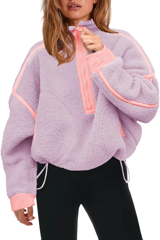 Panadila Womens Half Zip Sherpa Fleece Pullover Soft Oversized Sweatshirt with Pockets Warm Fuzzy Sweater, Taro Purple, Medium