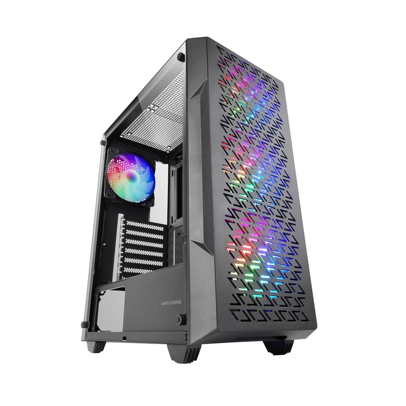 Mars Gaming MC-GEO, ATX Gaming Case, 4x 12cm FRGB Rainbow Fans, Geometric Mesh Front Panel, Tempered Glass Side Window, Dual-Chamber Mid-Tower PC, Liquid Cooling Support, Black