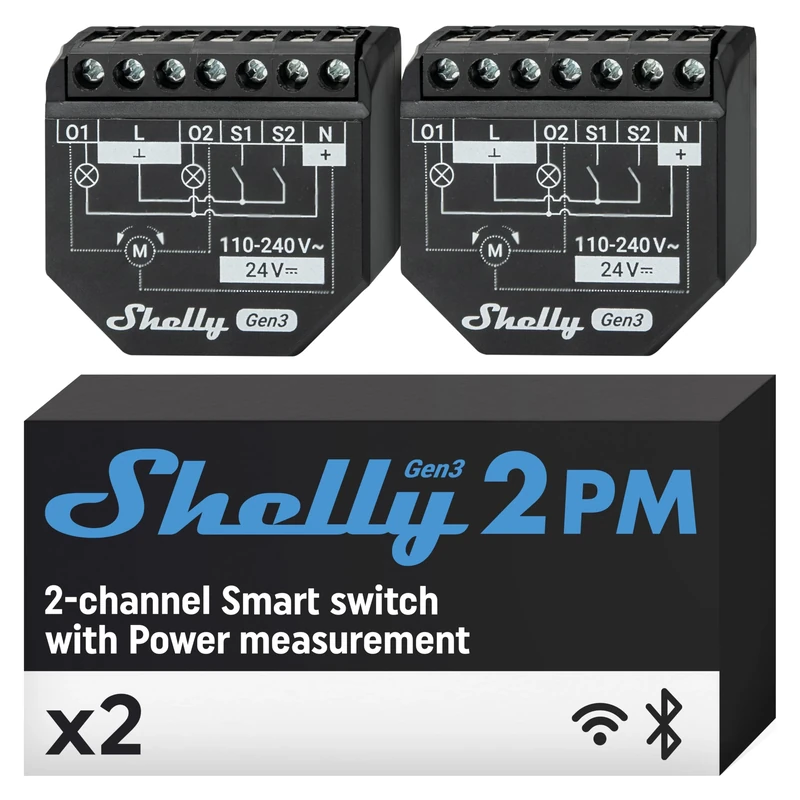 Shelly 2PM Gen3, Wi-Fi Smart Roller Shutter Switch Module, Power Metering, 2-Channel 16A, Motorized Blinds/Curtains Control, Alexa/Google Home Compatible, iOS/Android App, Home Automation (2 Pack)