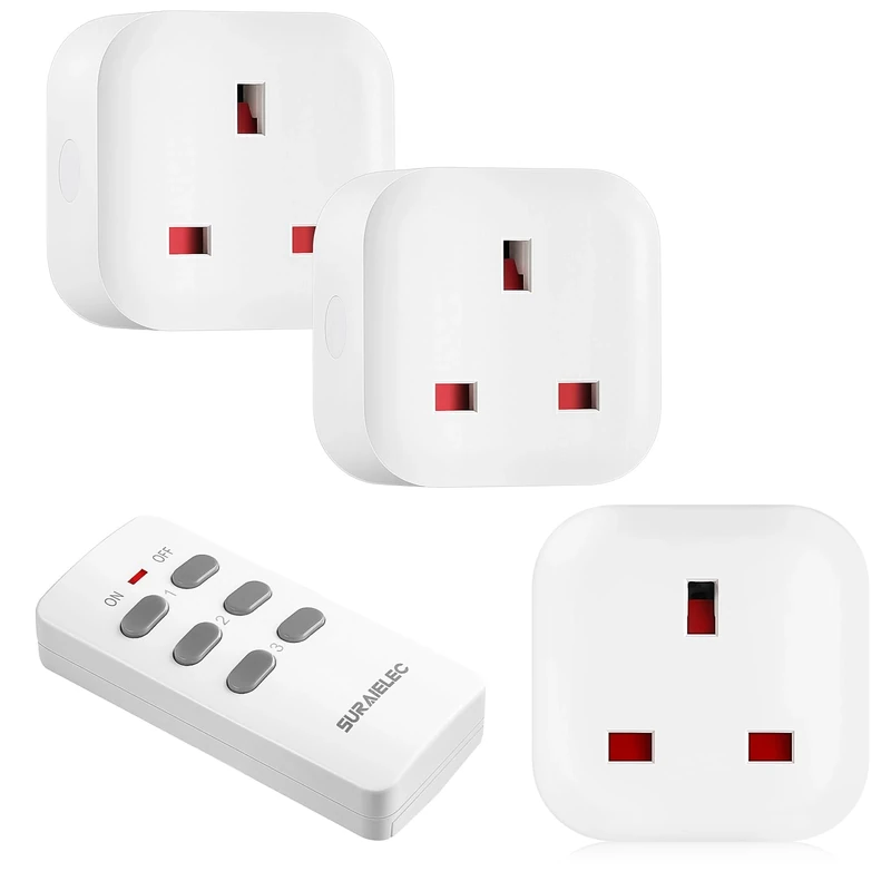 SURAIELEC Remote Control Plug Socket UK, 100Ft Wireless Light Switch, 13A/3120W Heavy Duty Indoor Wireless Outlets, Energy Saving Sockets for Home and Mobility Needs, 3-Socket with 1 Remote