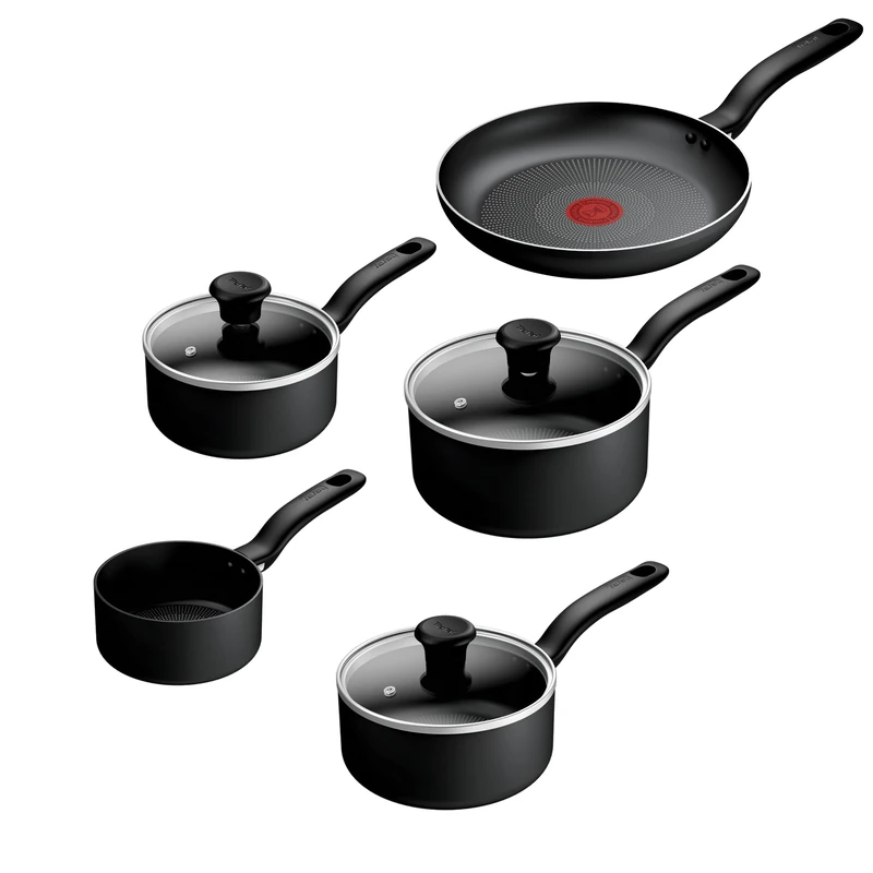 Tefal Titanium Essential 5pc Set: Saucepan 16/18/20 cm + Lids, Milkpan 14cm & Frying pan 24 cm, Non-Stick Coating, Metal Safe, All Hobs Compatible Except Induction, B941S544
