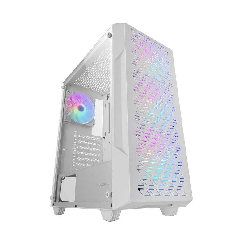 Mars Gaming MC-GEO, ATX Gaming Case, 4x 12cm FRGB Rainbow Fans, Geometric Mesh Front Panel, Tempered Glass Side Window, Dual-Chamber Mid-Tower PC, Liquid Cooling Support, White