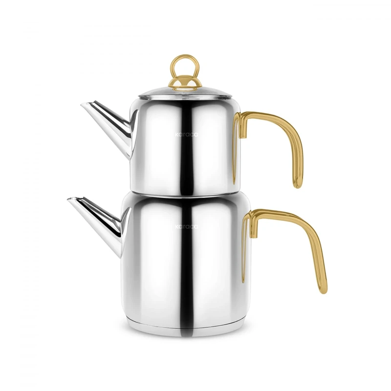Karaca New Mira Turkish Teapot Set - Stainless Steel Teapot with Lid - (Turkish Tea Pot 1 Liters & Water Tank 2 Liters) - Midi Tea Maker & Induction Tea Kettle, Gold