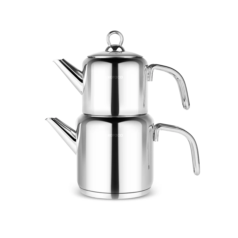 Karaca New Mani Turkish Teapot Set - Stainless Steel Teapot with Lid - (Turkish Tea Pot 1 Liters & Water Tank 2 Liters) - Midi Tea Maker & Induction Tea Kettle, Silver
