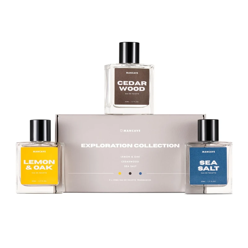 ManCave Exploration EDT Gift Set for Men - 3 x 50ml Eau De Toilette Fragrance Sprays - Lemon & Oak, Cedarwood, Sea Salt Fragrances - Mens Aftershave Collection
