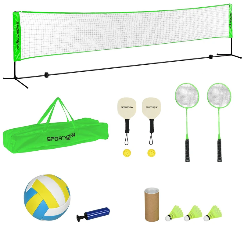 SPORTNOW 5M Portable Badminton Set, Height Adjustable Tennis Volleyball Net with 3 Shuttlecocks, 4 Rackets and with Carry Bag, Multi-Sports Badminton Net for Indoor Outdoor, Garden, Beach Games