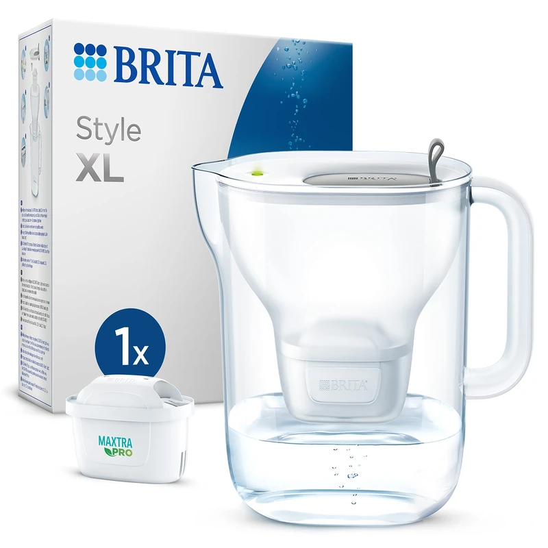 BRITA Filter Jug Style XL Grey (3.6L) with 1 Maxtra Pro Pure Performance Filter - High Capacity, Tilting Flap, LED Display, Filter Reduces Chlorine, Stone and Dirt