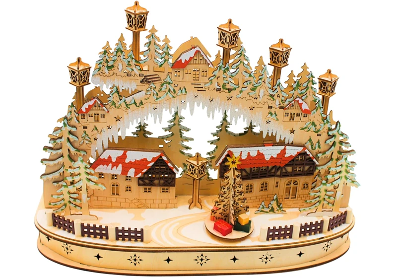 LED Wooden Candle Arch, Light Arch, Candlestick Arch, Window Candle Arch with Moving Christmas Tree Including Power Supply and Battery Operation Possible Length x Width x Height Approx. 45 x 12 x 35