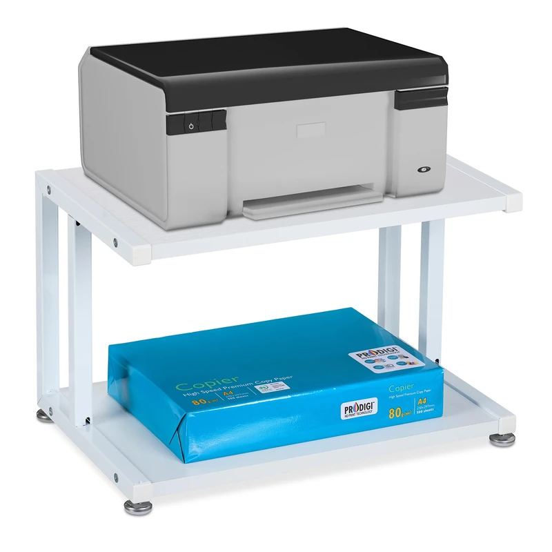 Relaxdays Printer Stand for Desk, 2 Levels, Office Shelf, Spare Paper Storage, HxWxD: 28 x 45 x 28 cm, for Table, White