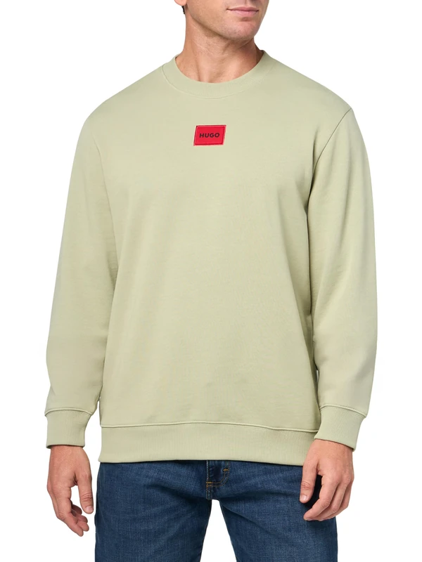HUGO Men's Regular Fit Square Logo Jersey Sweatshirt, Green Tea, L