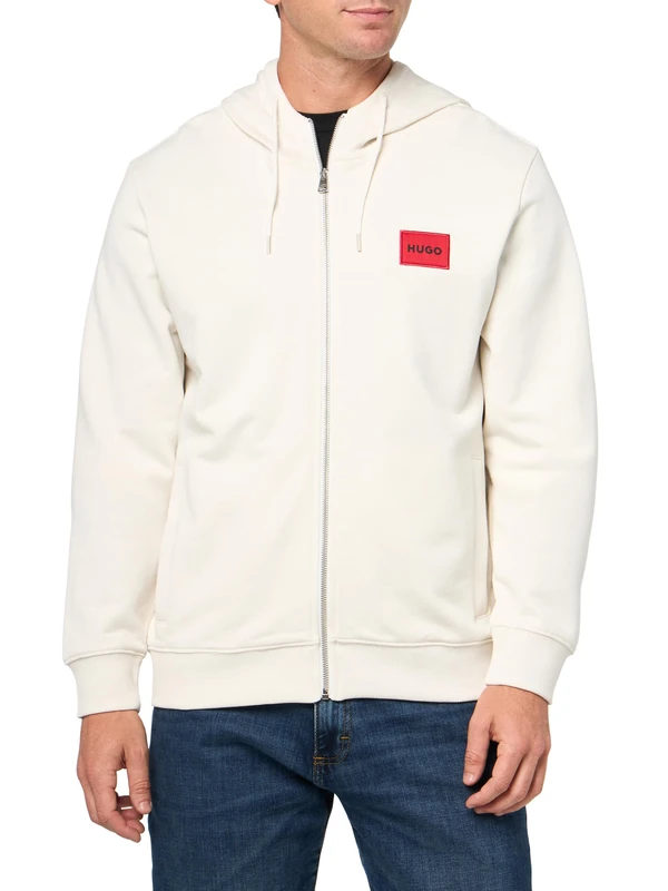 HUGO Men's Regular Fit Square Logo Jersey Hooded Zip Up Sweatshirt, Linen Cream, M