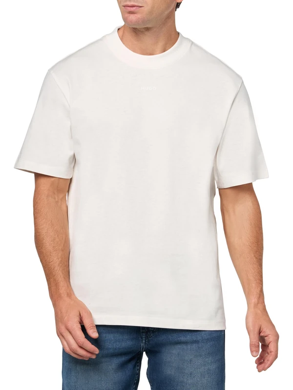 HUGO Men's Small Center Logo Jersey Short Sleeve T-Shirt, Linen Cream, Large