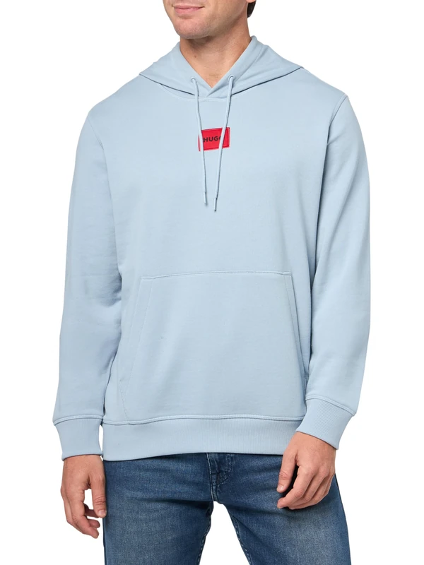 HUGO Men's Regular Fit Square Logo Jersey Hooded Sweatshirt, Dust Blue, XXL