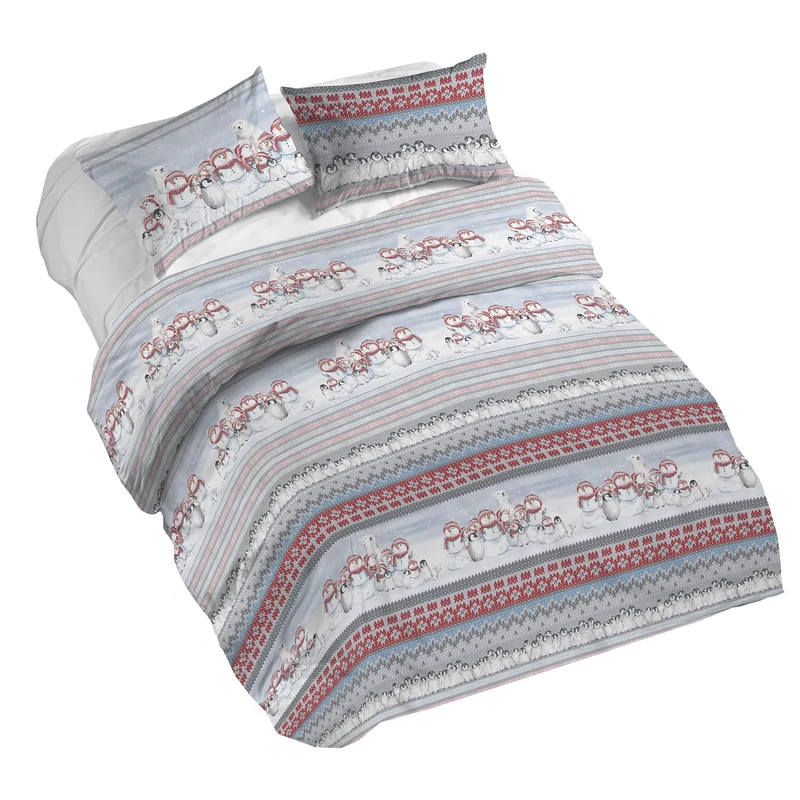 PENSIERI DELICATI 100% Cotton Double Duvet Cover Set, Complete with 250 x 200 cm Bag and 2 Pillowcases 52 x 82 cm, Made in Italy, Duvet Cover Machine Washable At 40 Degrees, Polar Winter Design Red