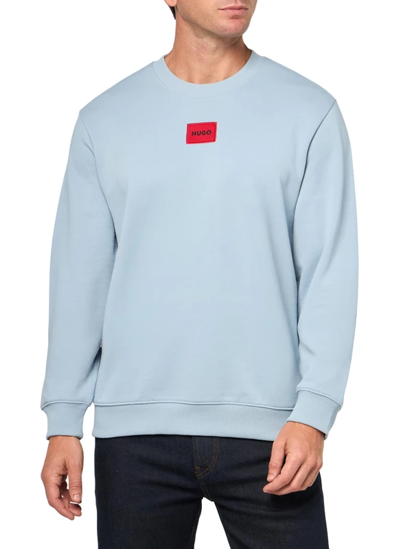 HUGO Men's Regular Fit Square Logo Jersey Sweatshirt, Blue Dust, L