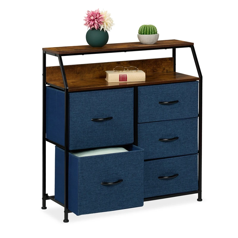 Relaxdays Dresser, HWD: 87 x 84 x 30 cm, 5 Drawers, 2 Shelves, Industrial Style Unit, Sideboard Bedroom, Blue/Brown, Fibreboard