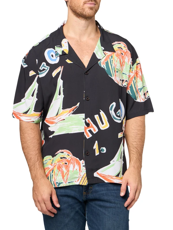 HUGO Men's Relaxed Beach Shirt Swimwear Cover Up, Black Tropical Sails, XXL