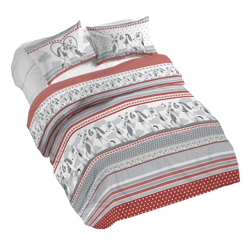 PENSIERI DELICATI 100% Cotton Double Duvet Cover Set, Complete with 250 x 200 cm Sleeping Bag and 2 Pillowcases 52 x 82 cm, Made in Italy, Duvet Cover Machine Washable At 40 Degrees, Baubau Red Design