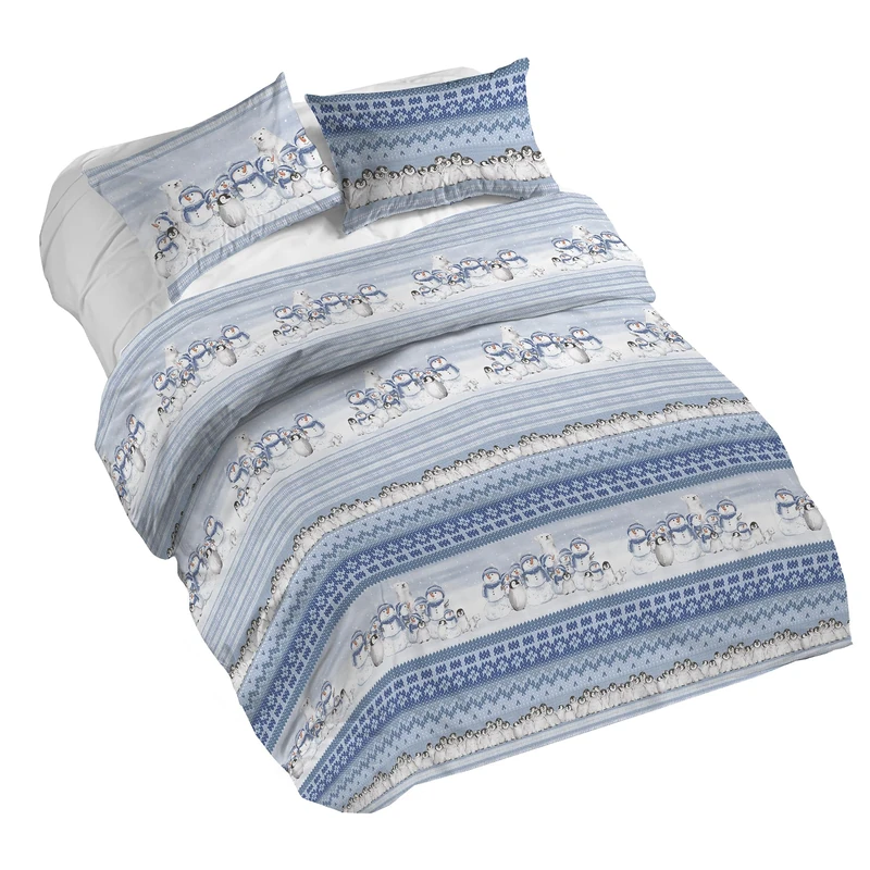 PENSIERI DELICATI 100% Cotton Double Duvet Cover Set, Complete with 250 x 200 cm Bag and 2 Pillowcases 52 x 82 cm, Made in Italy, Duvet Cover Machine Washable at 40 Degrees, Polar Winter Design Blue