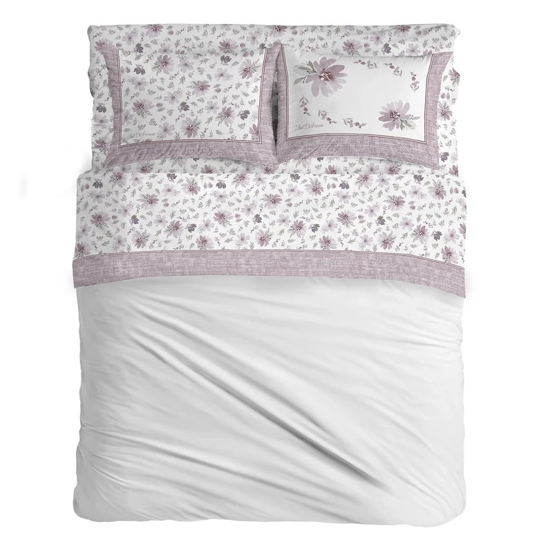 PENSIERI DELICATI Double Bed Set, Flannel, 100% Warm and Soft Cotton, Double 180 x 200 cm, Includes Bottom Sheet, Top and 2 Pillowcases, Made in Italy, 8284 Pink Square
