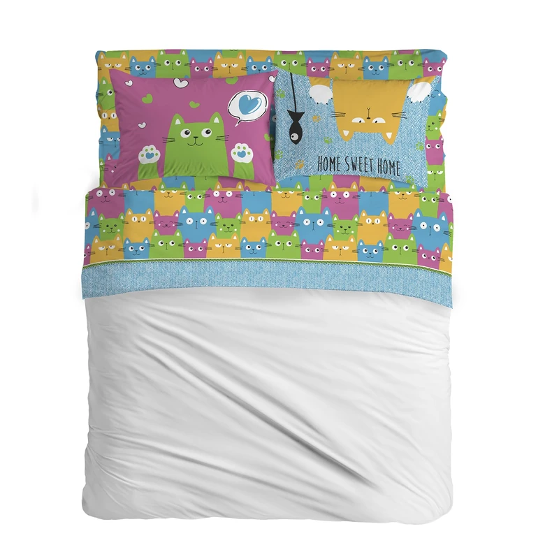 PENSIERI DELICATI Double Bed Set 100% Cotton, Complete Double Bed Sheet Set, 180 x 200 cm, Including Bottom Sheet, Top Sheet and 2 Pillowcases, Made in Italy, Happycat Multicolour Pattern