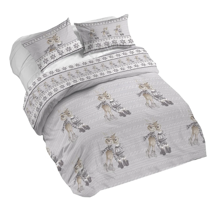 PENSIERI DELICATI Duvet Cover, Cotton, Grey Reindeer X2, Queen-Size Bed