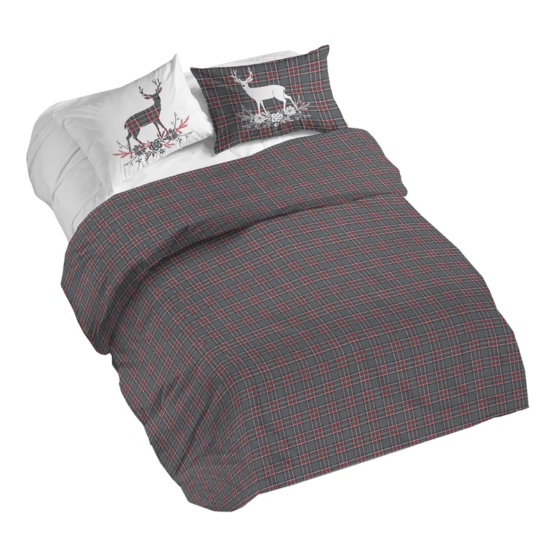 PENSIERI DELICATI Double Duvet Cover Set, 100% Cotton, Complete with 250 x 200 cm Bag and 2 Pillowcases 52 x 82 cm, Made in Italy, Duvet Cover Machine Washable At 40 Degrees, Tartan Deer Design
