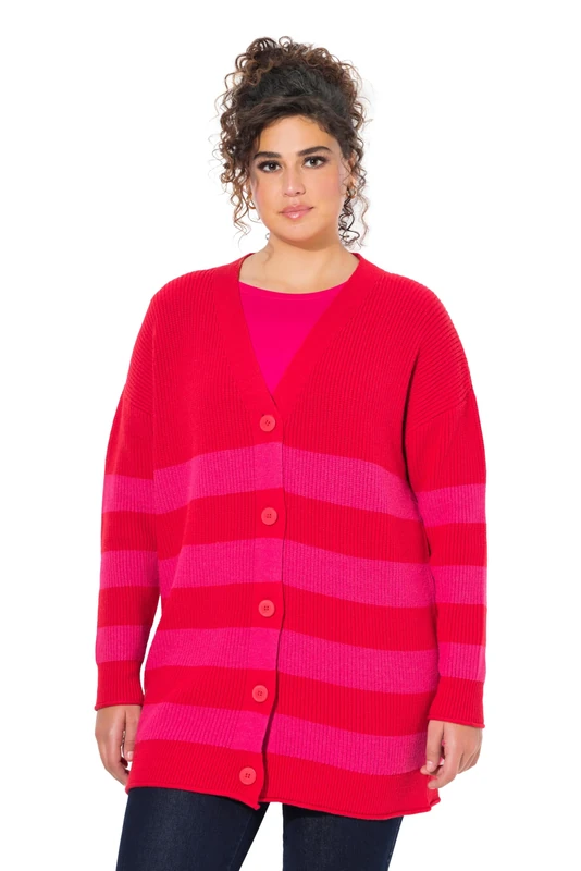Ulla Popken Ladies Plus Size Plus Size Striped Boxy V Neck Roll Edged Cardigan, Lychee, 16 UK/18 UK - Image 1
