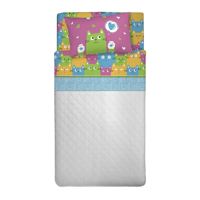 PENSIERI DELICATI 100% Cotton Double Bed Set, 120 x 200 cm, Complete with Bottom Sheet, Top Sheet and 1 Pillowcase, Made in Italy, Happycat Multicolour Pattern