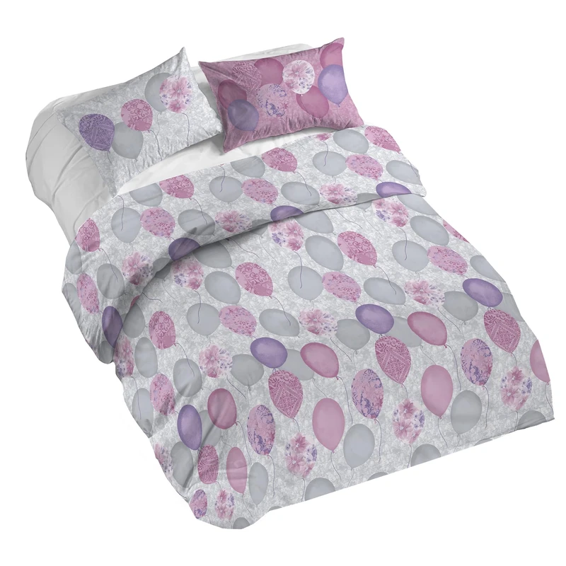 PENSIERI DELICATI 100% Cotton Double Duvet Cover Set, Complete with 250 x 200 cm Bag and 2 Pillowcases 52 x 82 cm, Made in Italy, Duvet Cover Machine Washable at 40 Degrees, Pink Balloons Design