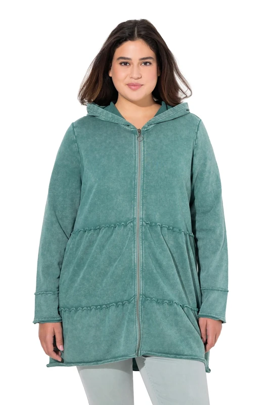 Ulla Popken Women's Plus Size Plus Size Long Hoodie Jacket Vintage Look A-line Hooded Jacket, Green, 54-56 - Image 1