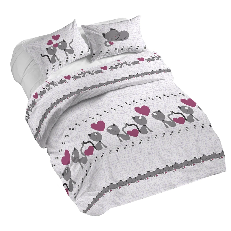PENSIERI DELICATI 100% Cotton Double Duvet Cover Set, Complete with 250 x 200 cm Bag and 2 Pillowcases 52 x 82 cm, Made in Italy, Duvet Cover Machine Washable At 40 Degrees, Pink Cats Design