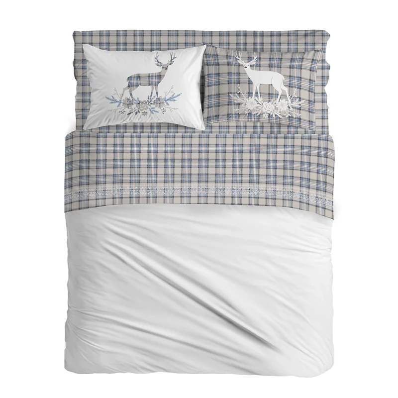 PENSIERI DELICATI Double Bed Set, Flannel, 100% Warm and Soft Cotton, Double 180 x 200 cm, Includes Bottom Sheet, Top Sheet and 2 Pillowcases, Made in Italy, Blue Deer Tartan