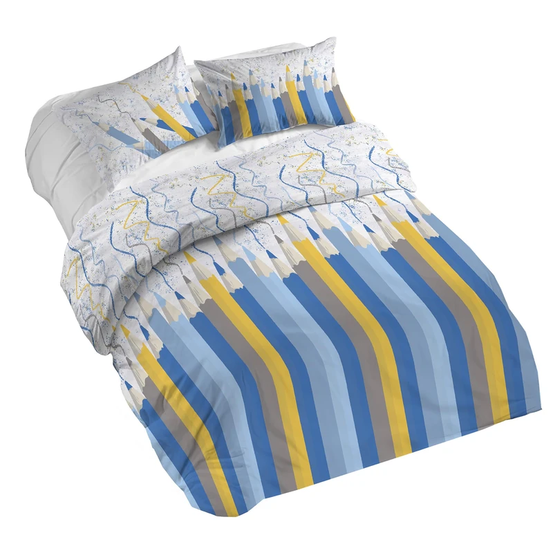 PENSIERI DELICATI Double Duvet Cover Set, 100% Cotton, Complete with 250 x 200 cm Bag and 2 Pillowcases 52 x 82 cm, Made in Italy, Duvet Cover Machine Washable At 40 Degrees, Blue Pencil Pattern