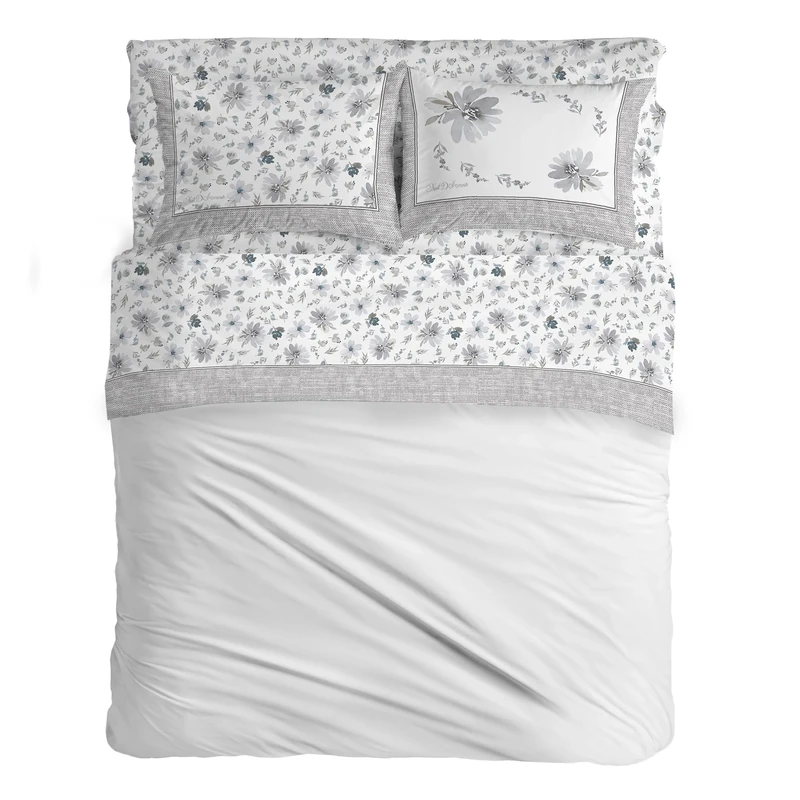 PENSIERI DELICATI Double Bed Set, Flannel, 100% Warm and Soft Cotton, Double 180 x 200 cm, Includes Bottom Sheet, Top and 2 Pillowcases, Made in Italy, Square 8284 Grey